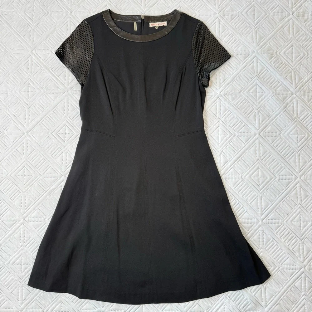 Rebecca Taylor A-line Leather Crew Neck And Laser Cut Sleeves Mini Dress Size 10